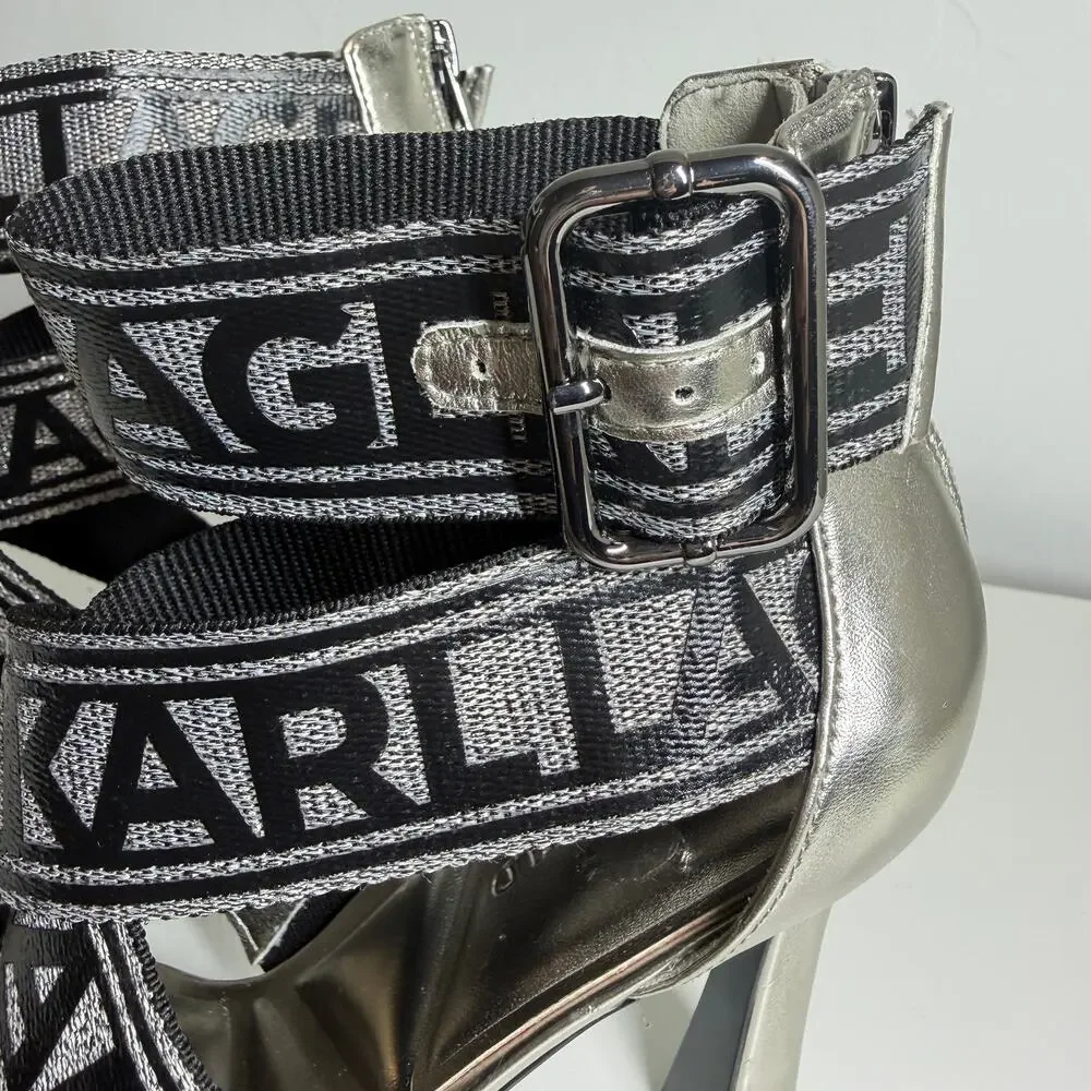 Karl Lagerfeld Paris Metallic Logo Strap Dress high heel Sandals 7.5 women NWOT